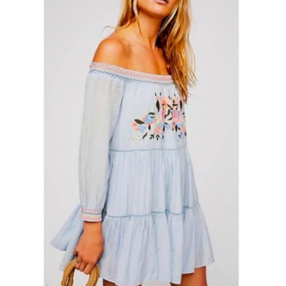 Free People Sunbeams Blue Embroidered Mini Dress - Picture 2 of 6